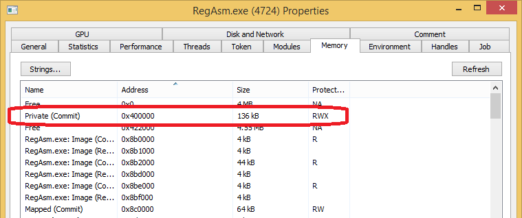 Figure 5 RWX memory inRegAsm showing malicous code location
