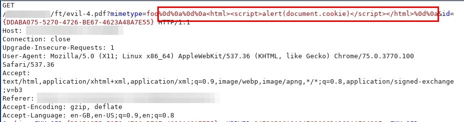 Vulnerable Request Including HTML Encoded CRLF Characters and XSS Payload